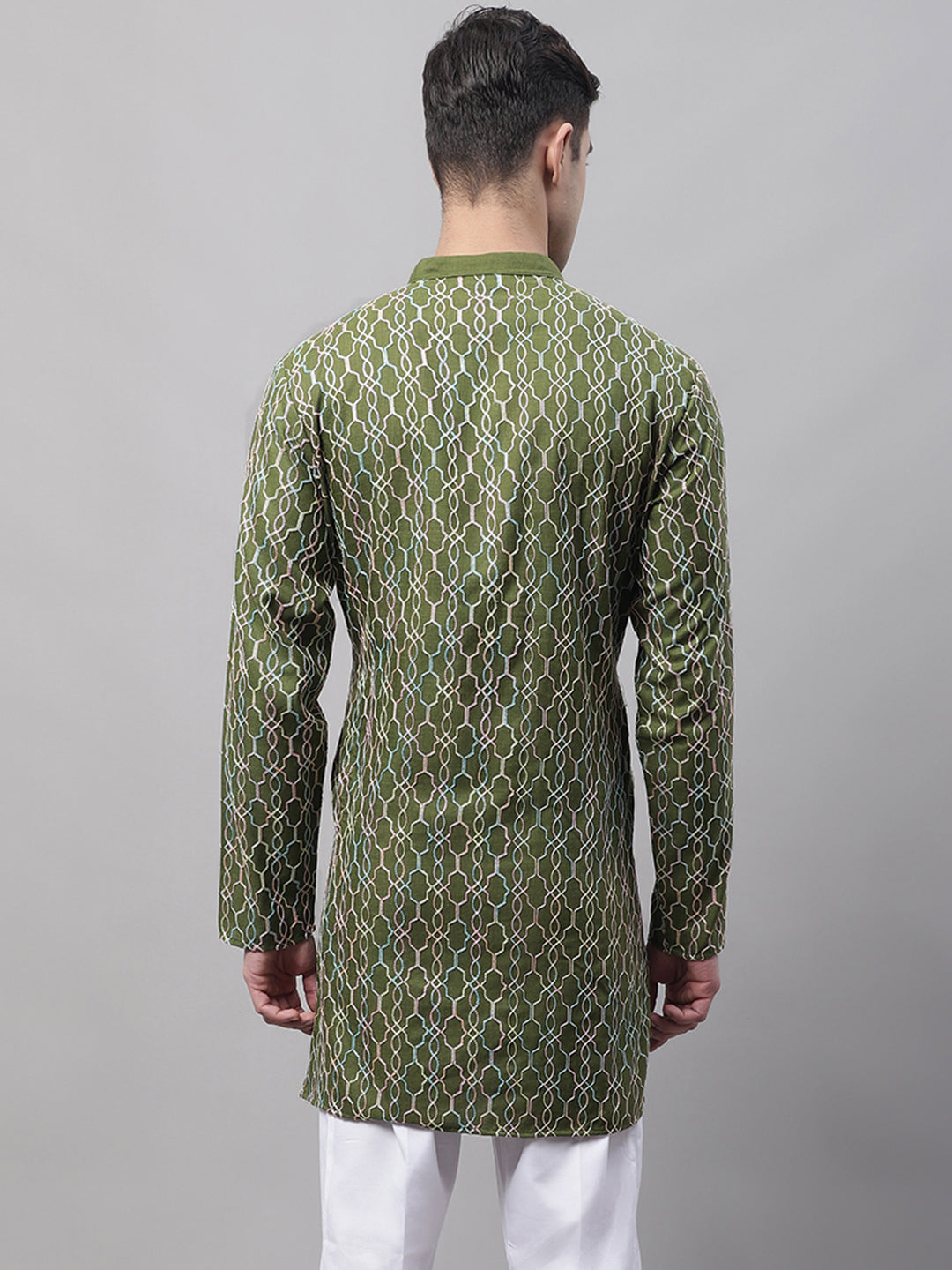 Jompers Men's Olive Green and Multi Coloured Embroidered Straight Kurta