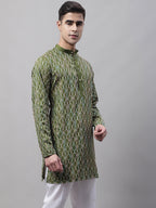 Jompers Men's Olive Green and Multi Coloured Embroidered Straight Kurta