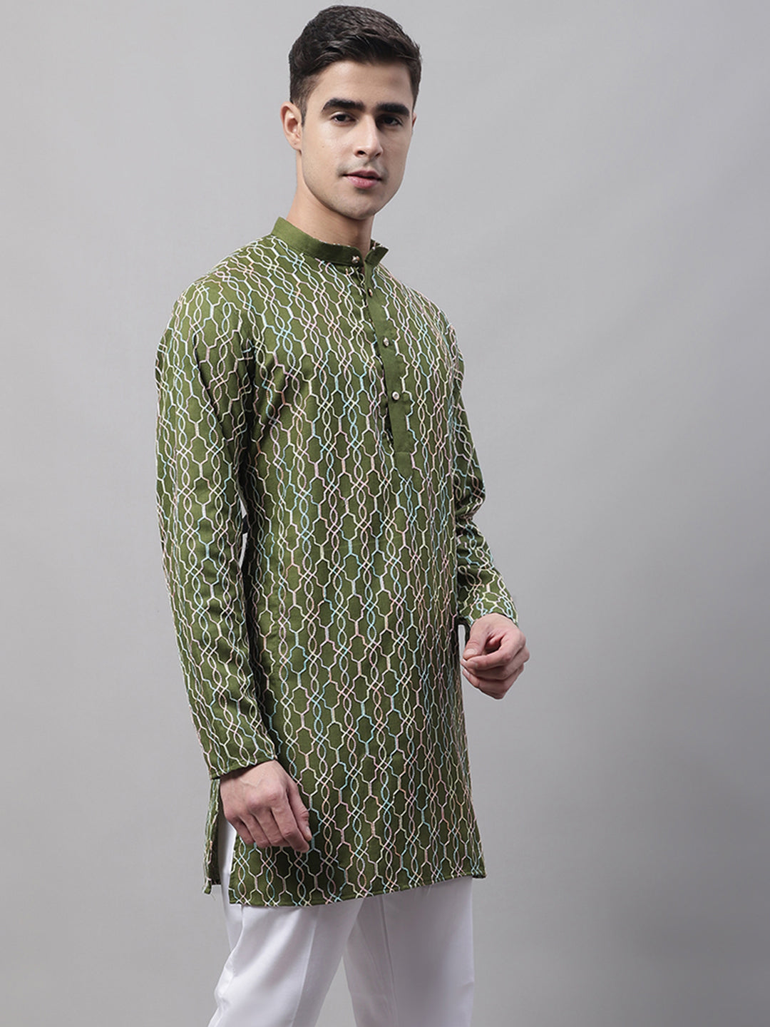 Jompers Men's Olive Green and Multi Coloured Embroidered Straight Kurta