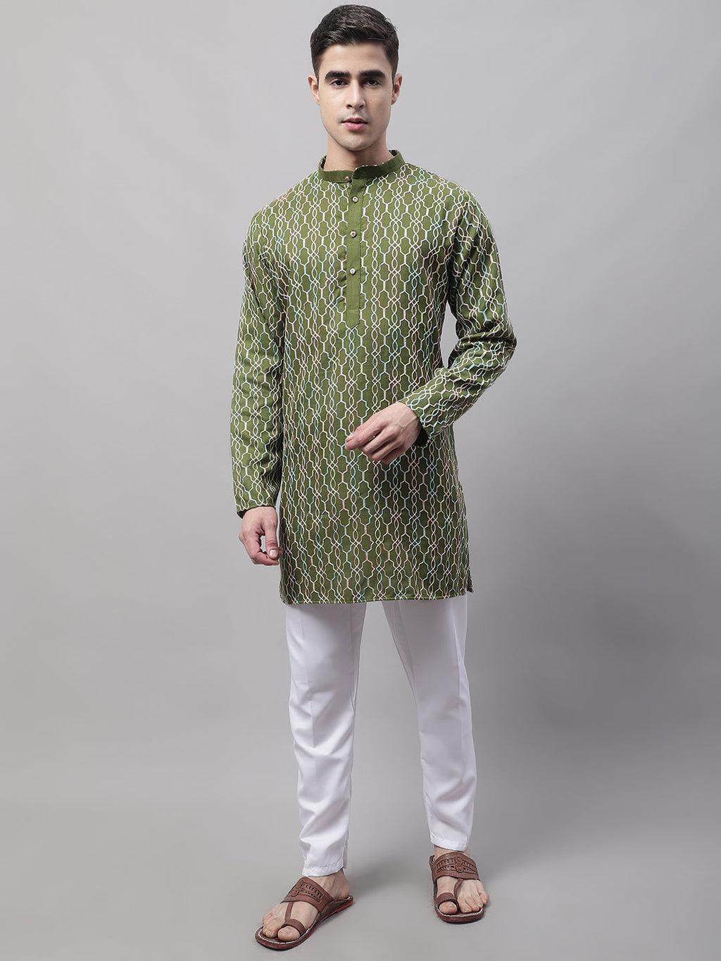 Jompers Men's Olive Green and Multi Coloured Embroidered Straight Kurta