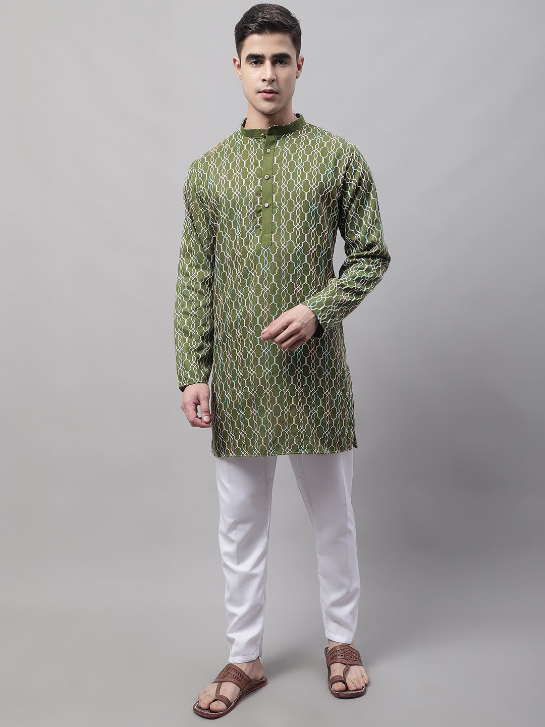 Jompers Men's Olive Green and Multi Coloured Embroidered Straight Kurta