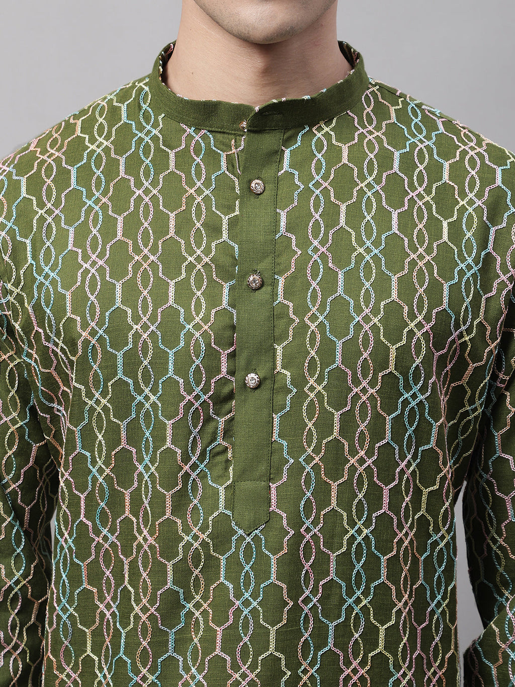 Jompers Men's Olive Green and Multi Coloured Embroidered Straight Kurta