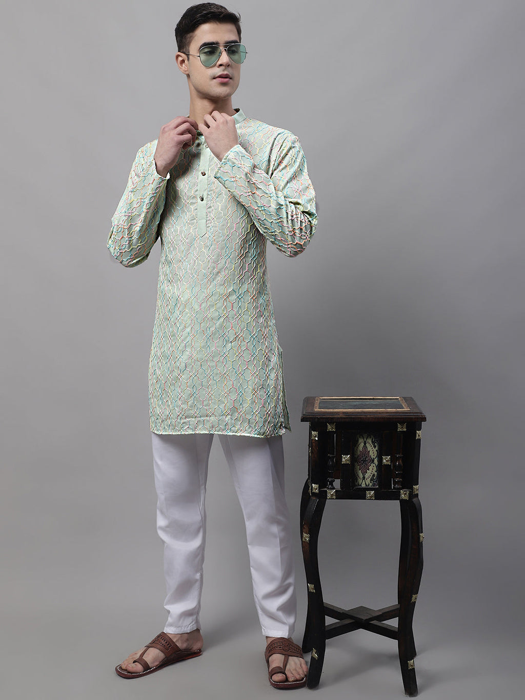 Jompers Men's Pista Green and Multi Coloured Embroidered Straight Kurta