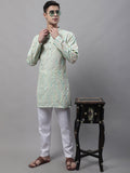 Jompers Men's Pista Green and Multi Coloured Embroidered Straight Kurta
