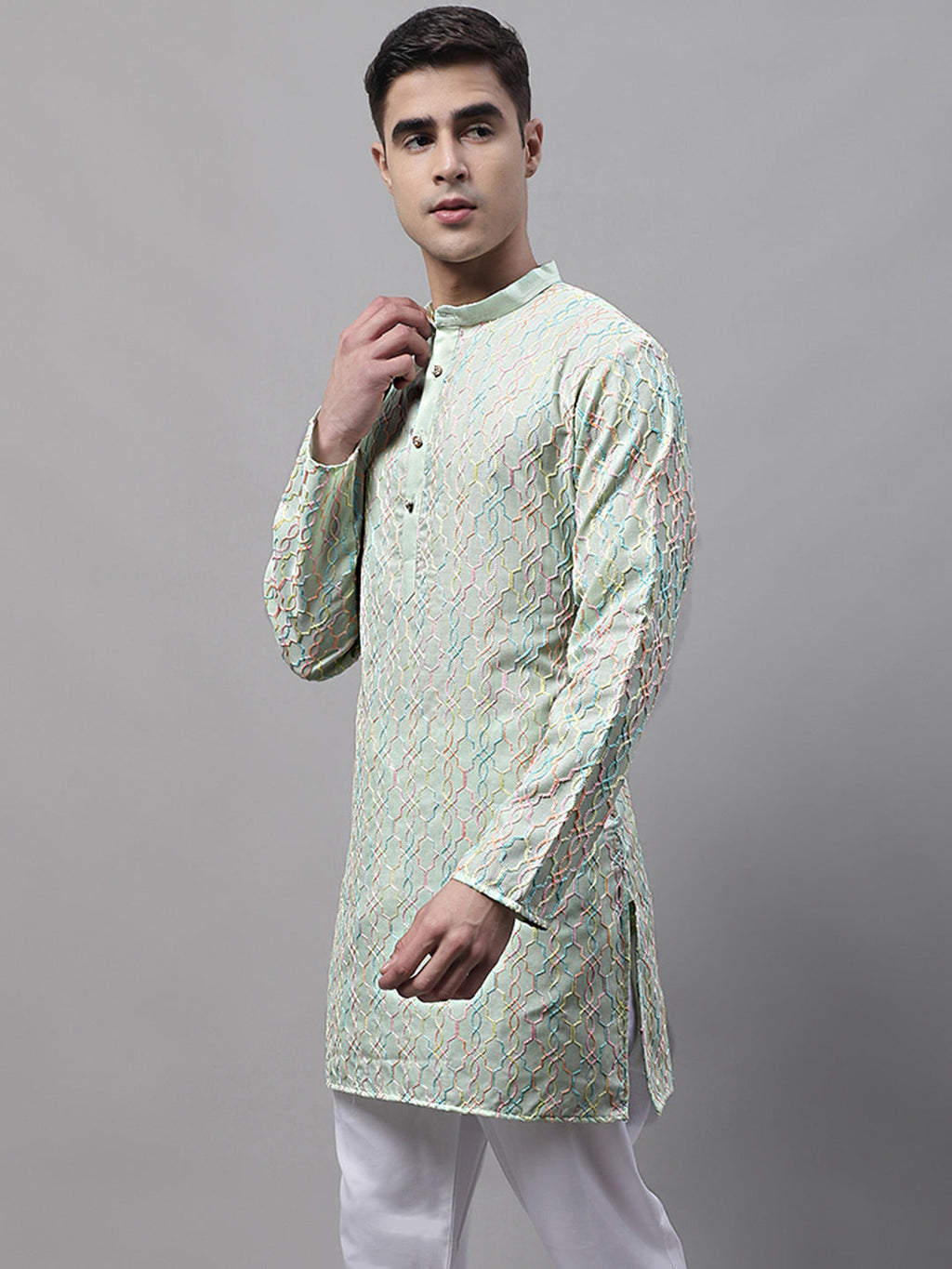 Jompers Men's Pista Green and Multi Coloured Embroidered Straight Kurta
