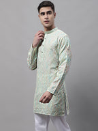 Jompers Men's Pista Green and Multi Coloured Embroidered Straight Kurta