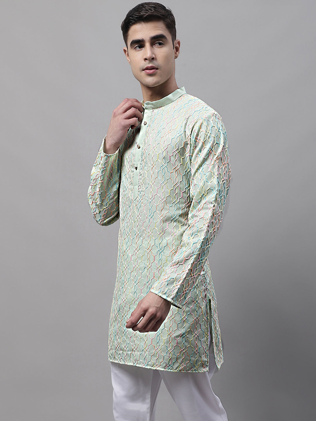 Jompers Men's Pista Green and Multi Coloured Embroidered Straight Kurta