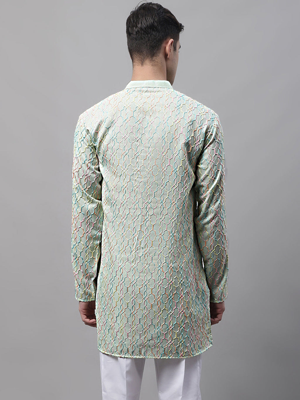 Jompers Men's Pista Green and Multi Coloured Embroidered Straight Kurta