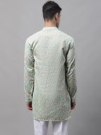 Jompers Men's Pista Green and Multi Coloured Embroidered Straight Kurta