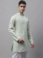 Jompers Men's Pista Green and Multi Coloured Embroidered Straight Kurta