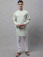 Jompers Men's Pista Green and Multi Coloured Embroidered Straight Kurta