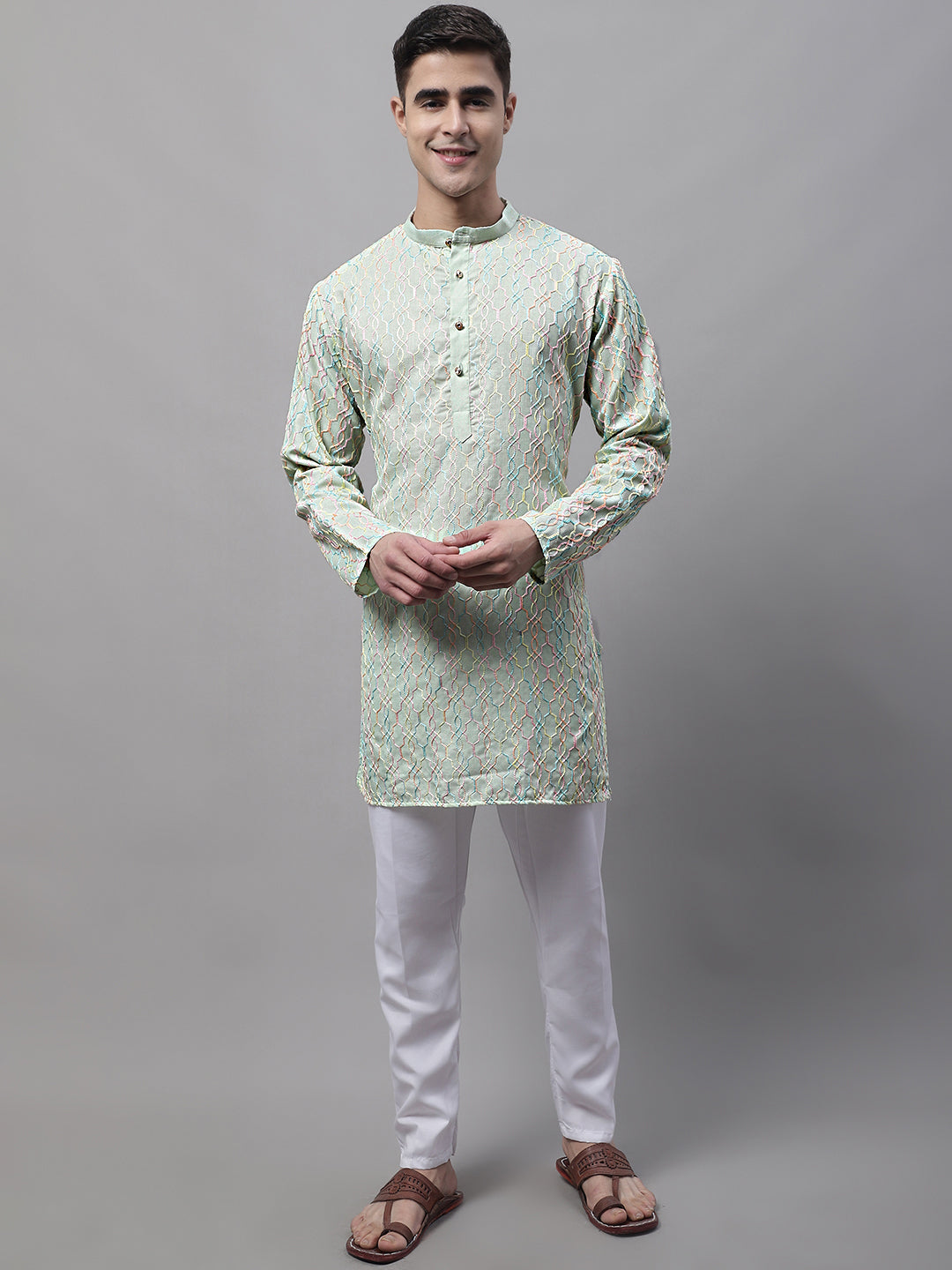 Jompers Men's Pista Green and Multi Coloured Embroidered Straight Kurta