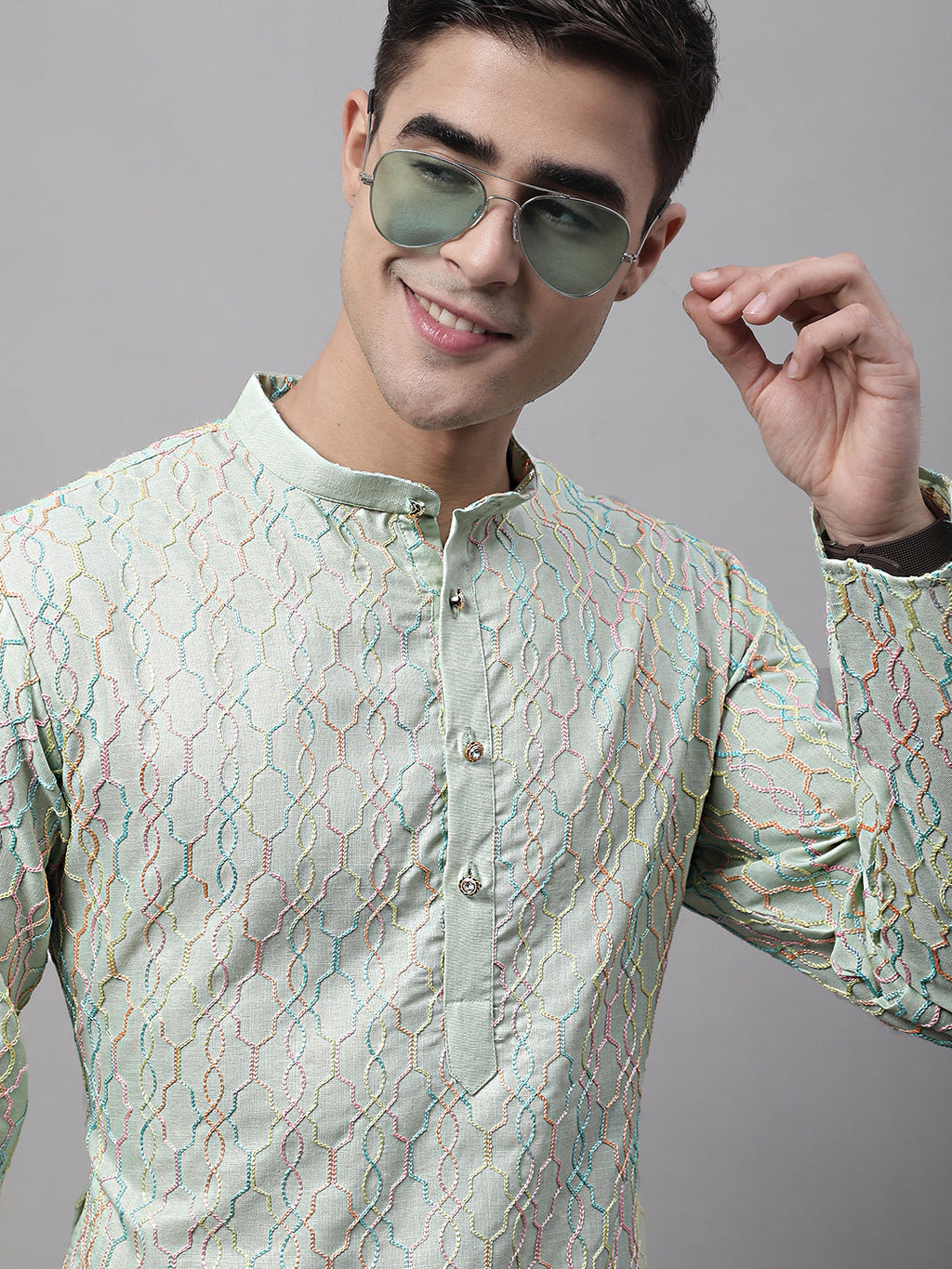 Jompers Men's Pista Green and Multi Coloured Embroidered Straight Kurta
