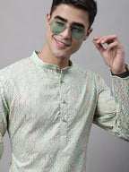 Jompers Men's Pista Green and Multi Coloured Embroidered Straight Kurta