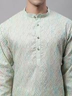 Jompers Men's Pista Green and Multi Coloured Embroidered Straight Kurta