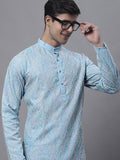 Jompers Men's Sky Blue and Multi Coloured Embroidered Straight Kurta