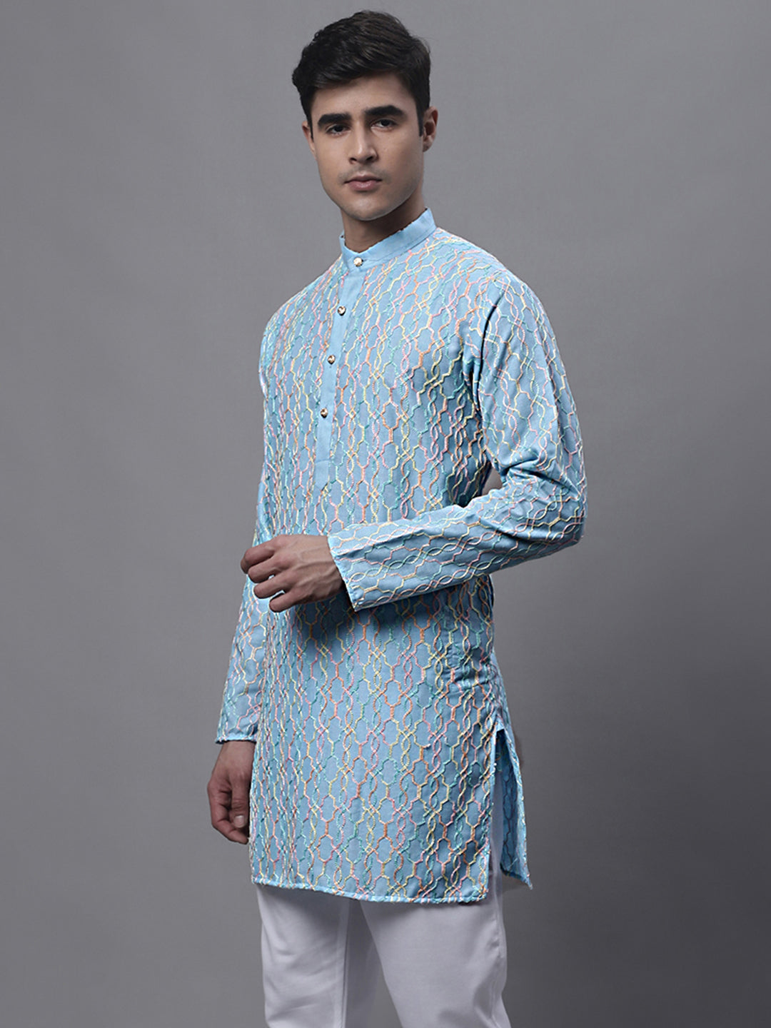 Jompers Men's Sky Blue and Multi Coloured Embroidered Straight Kurta