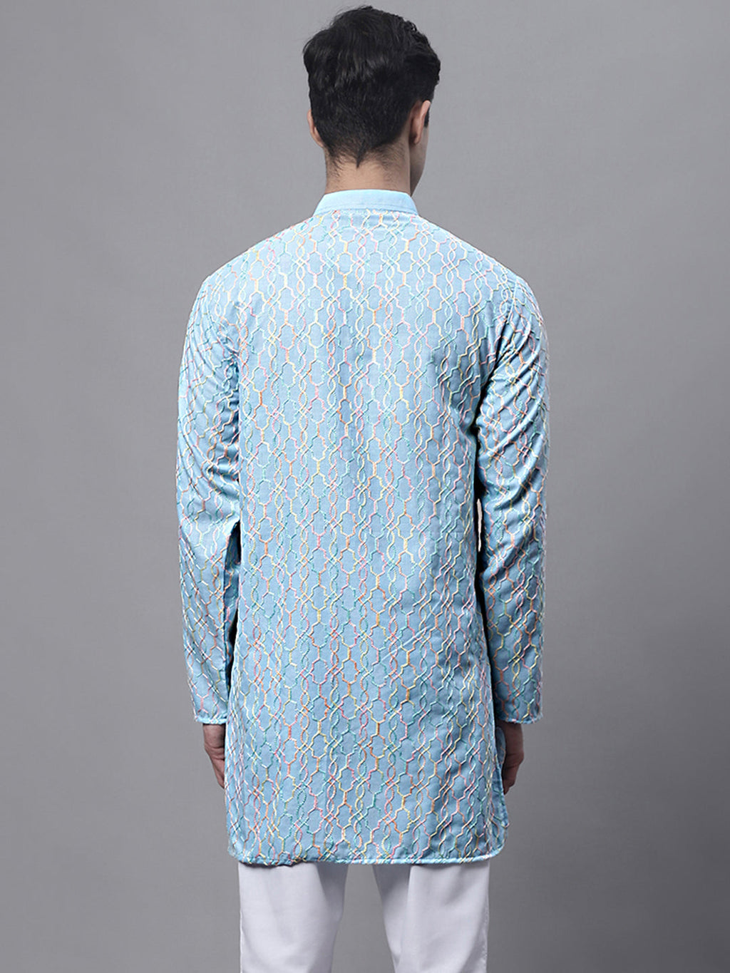 Jompers Men's Sky Blue and Multi Coloured Embroidered Straight Kurta