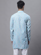 Jompers Men's Sky Blue and Multi Coloured Embroidered Straight Kurta