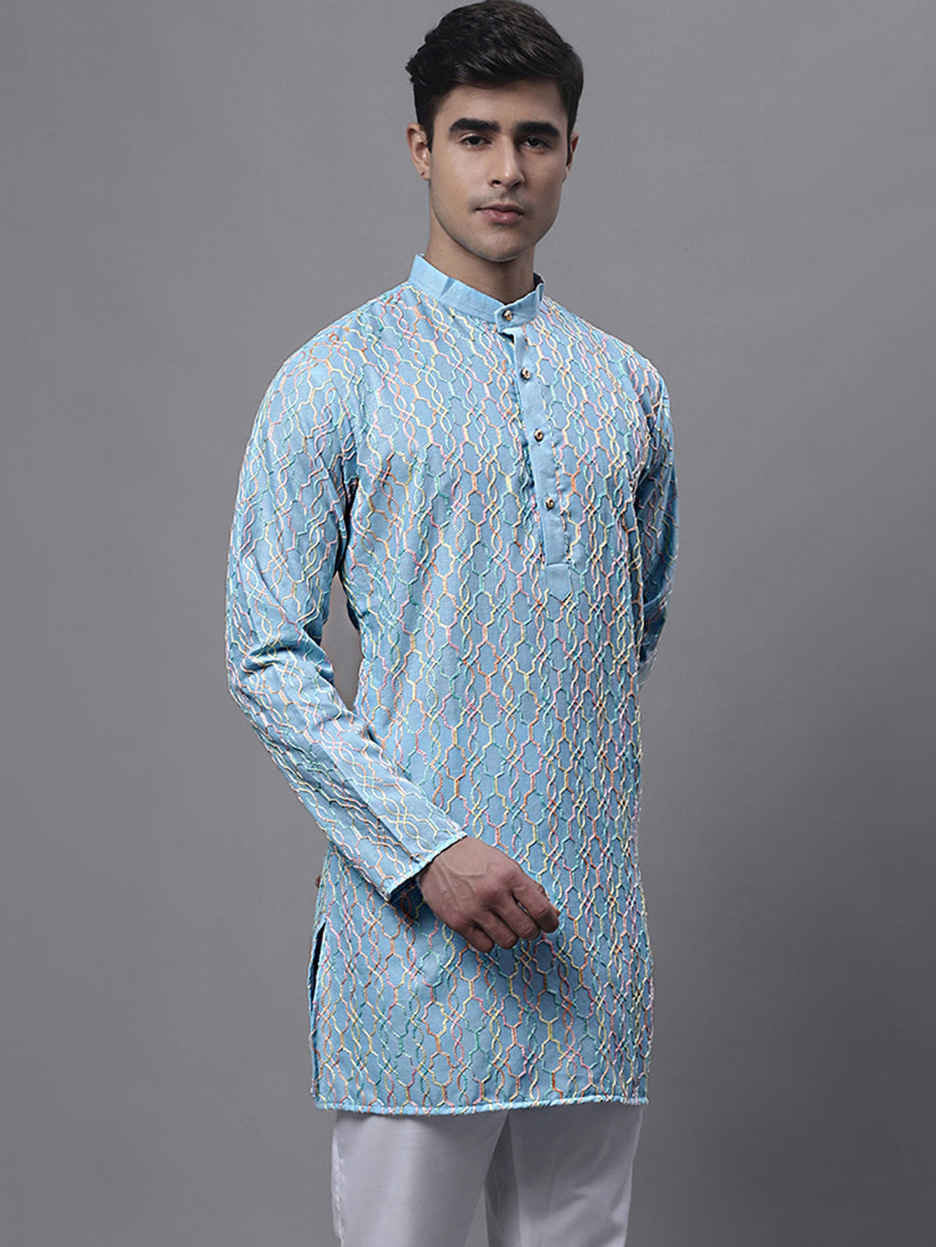 Jompers Men's Sky Blue and Multi Coloured Embroidered Straight Kurta