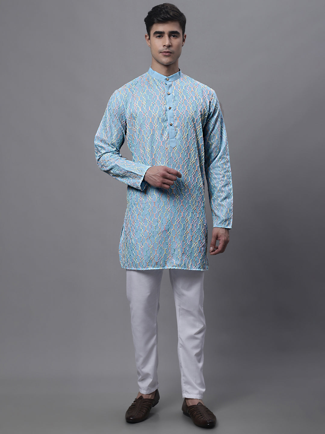 Jompers Men's Sky Blue and Multi Coloured Embroidered Straight Kurta