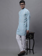 Jompers Men's Sky Blue and Multi Coloured Embroidered Straight Kurta