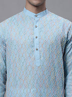 Jompers Men's Sky Blue and Multi Coloured Embroidered Straight Kurta