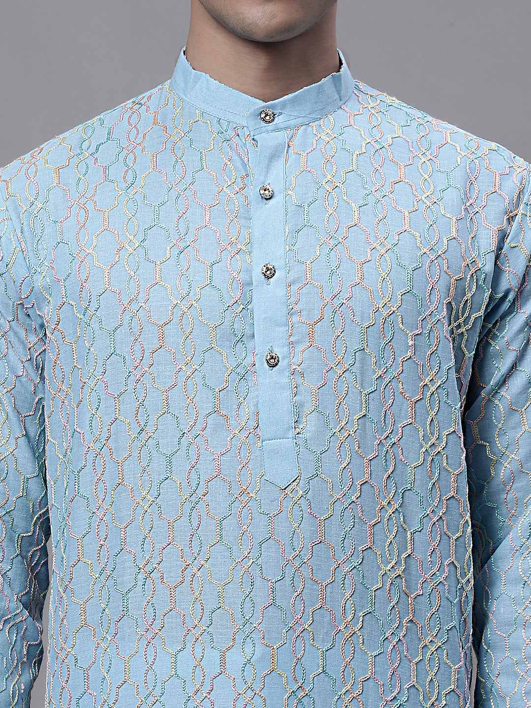 Jompers Men's Sky Blue and Multi Coloured Embroidered Straight Kurta