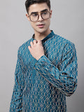 Jompers Men's Teal Blue and Multi Coloured Embroidered Straight Kurta