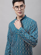 Jompers Men's Teal Blue and Multi Coloured Embroidered Straight Kurta