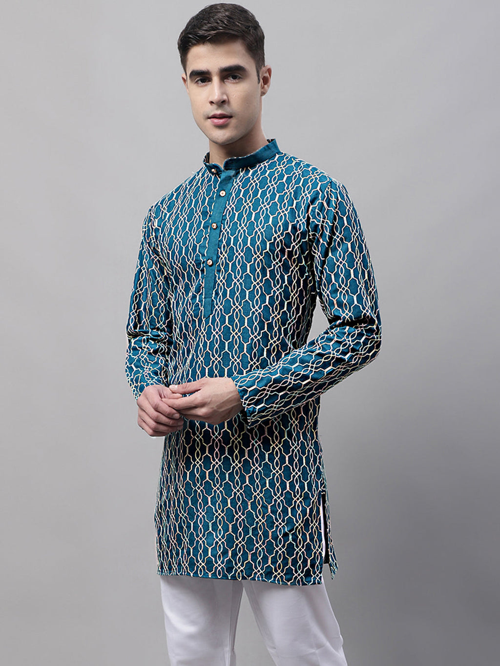 Jompers Men's Teal Blue and Multi Coloured Embroidered Straight Kurta