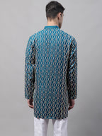 Jompers Men's Teal Blue and Multi Coloured Embroidered Straight Kurta