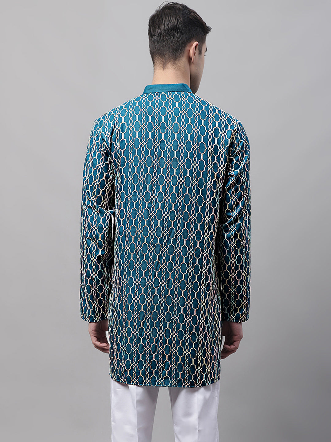 Jompers Men's Teal Blue and Multi Coloured Embroidered Straight Kurta