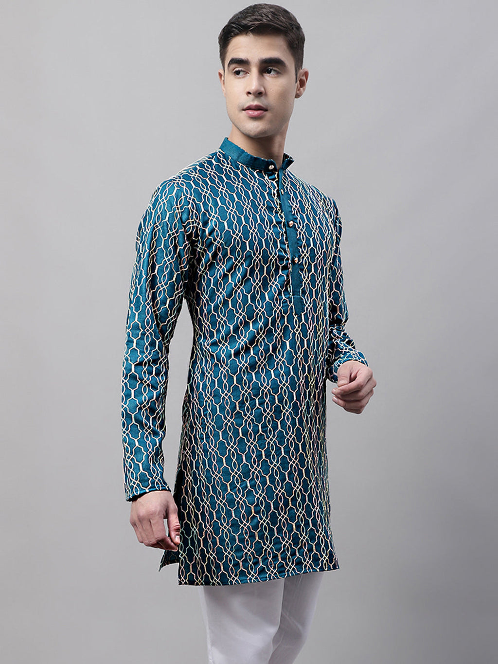 Jompers Men's Teal Blue and Multi Coloured Embroidered Straight Kurta