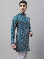 Jompers Men's Teal Blue and Multi Coloured Embroidered Straight Kurta