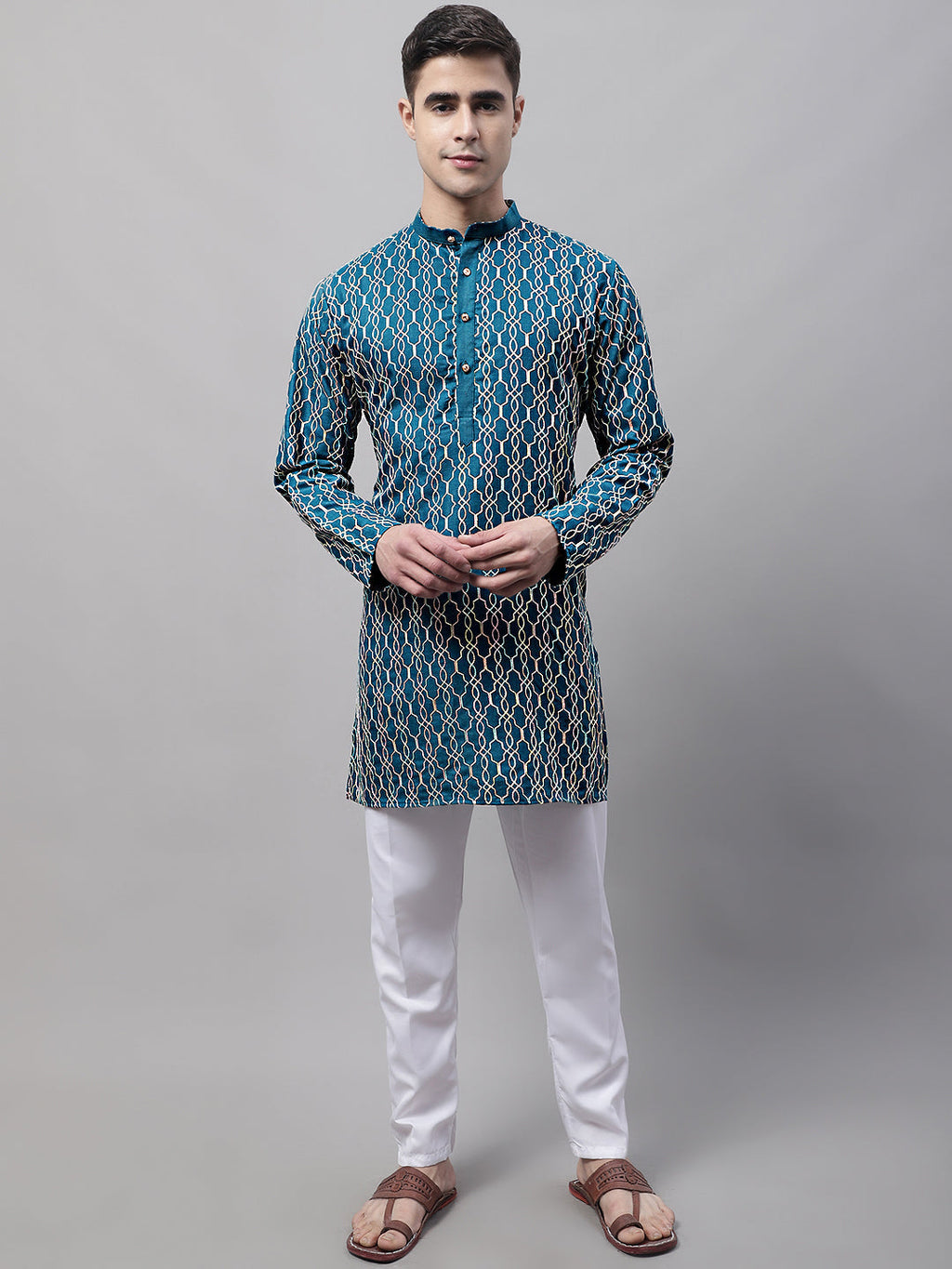 Jompers Men's Teal Blue and Multi Coloured Embroidered Straight Kurta