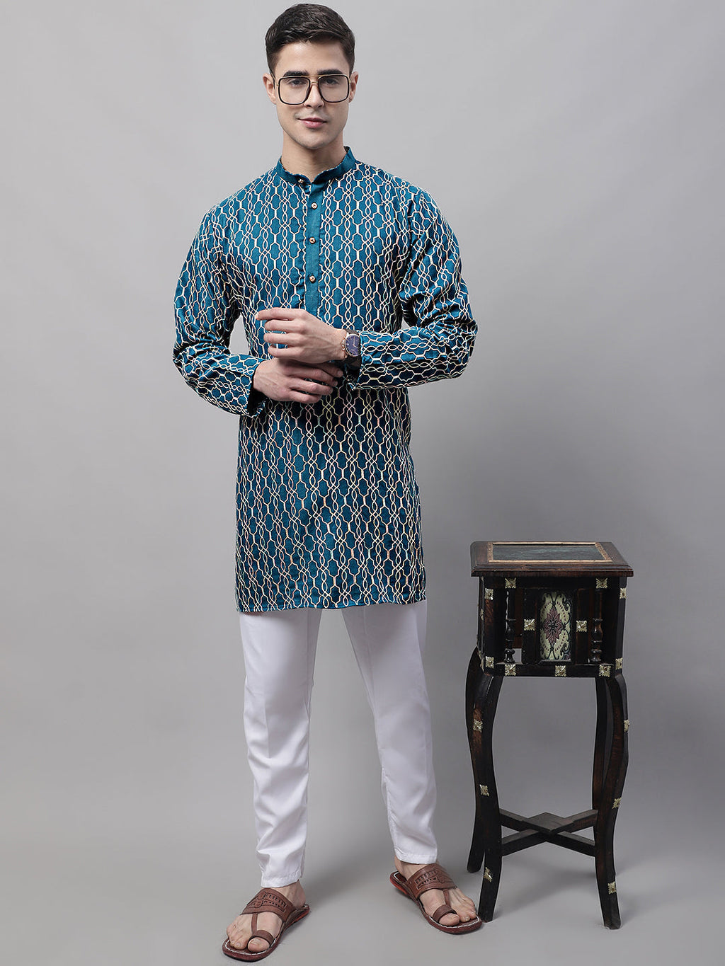 Jompers Men's Teal Blue and Multi Coloured Embroidered Straight Kurta