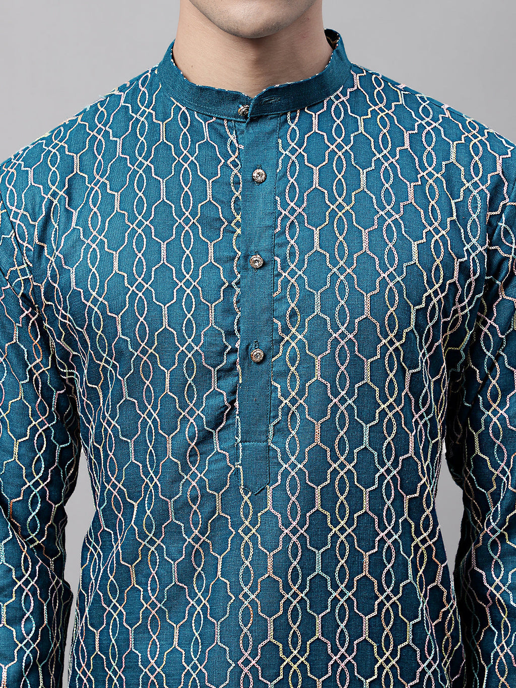 Jompers Men's Teal Blue and Multi Coloured Embroidered Straight Kurta