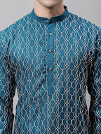 Jompers Men's Teal Blue and Multi Coloured Embroidered Straight Kurta