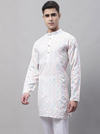 Jompers Men's White and Multi Coloured Embroidered Straight Kurta