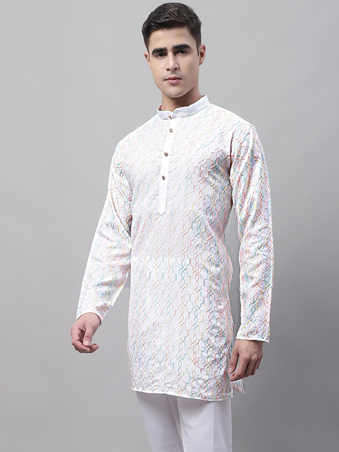 Jompers Men's White and Multi Coloured Embroidered Straight Kurta