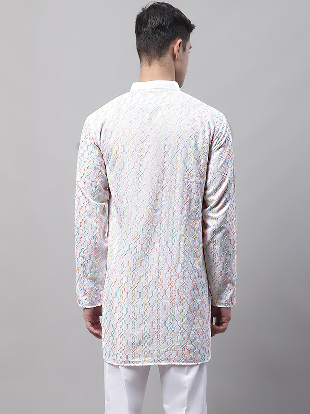 Jompers Men's White and Multi Coloured Embroidered Straight Kurta