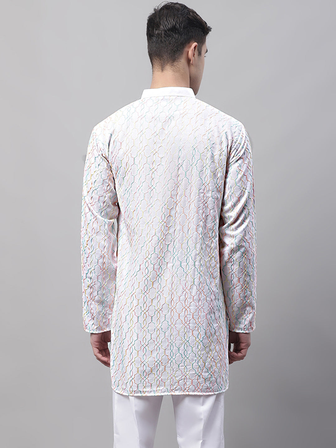 Jompers Men's White and Multi Coloured Embroidered Straight Kurta