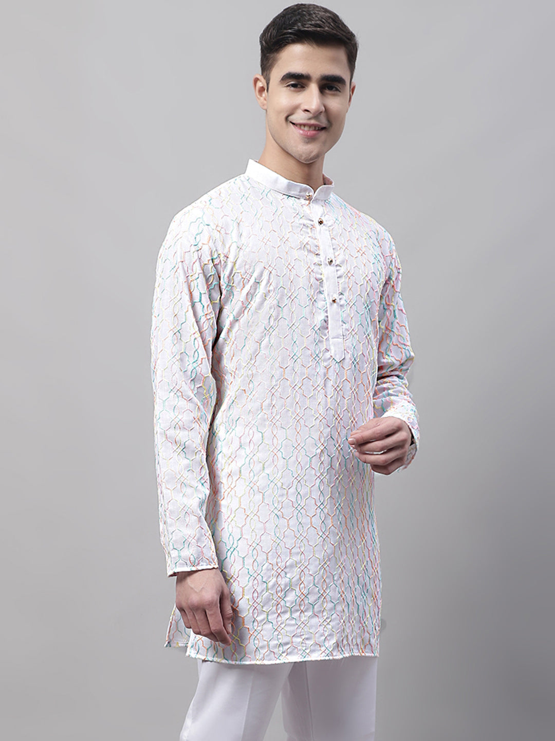 Jompers Men's White and Multi Coloured Embroidered Straight Kurta