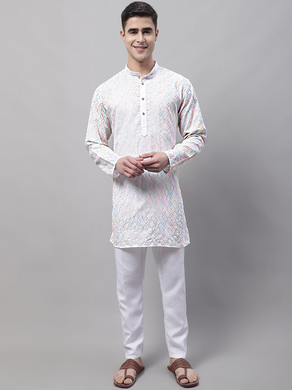 Jompers Men's White and Multi Coloured Embroidered Straight Kurta