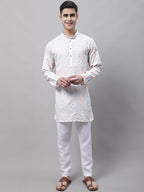 Jompers Men's White and Multi Coloured Embroidered Straight Kurta