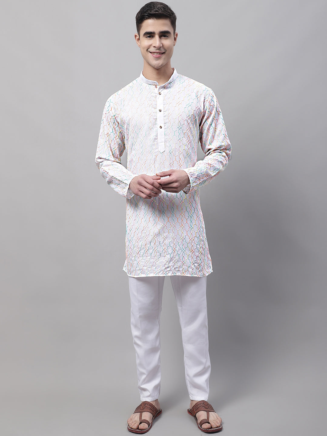 Jompers Men's White and Multi Coloured Embroidered Straight Kurta