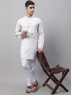 Jompers Men's White and Multi Coloured Embroidered Straight Kurta