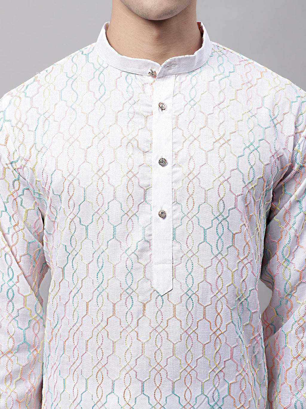 Jompers Men's White and Multi Coloured Embroidered Straight Kurta