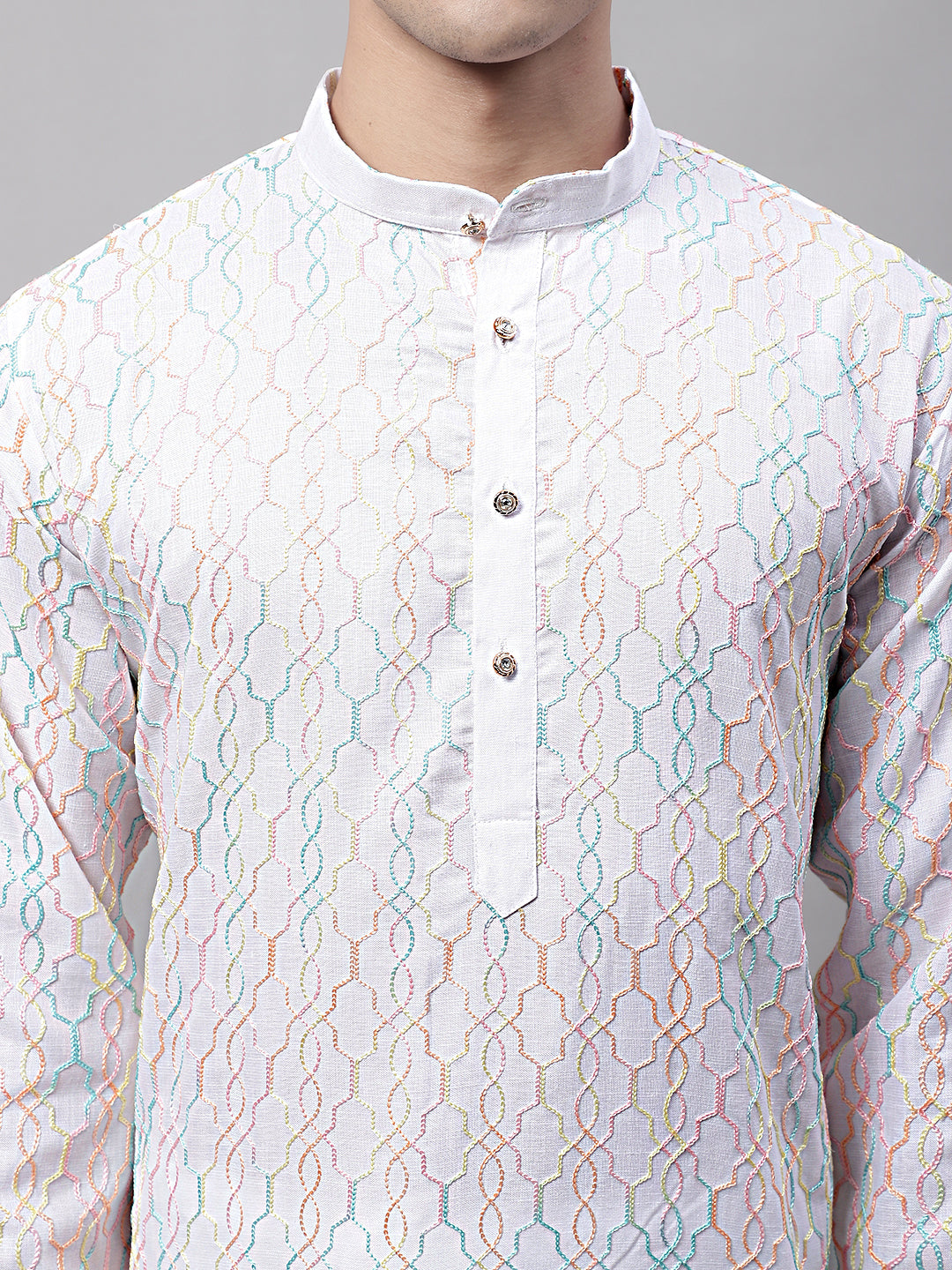 Jompers Men's White and Multi Coloured Embroidered Straight Kurta